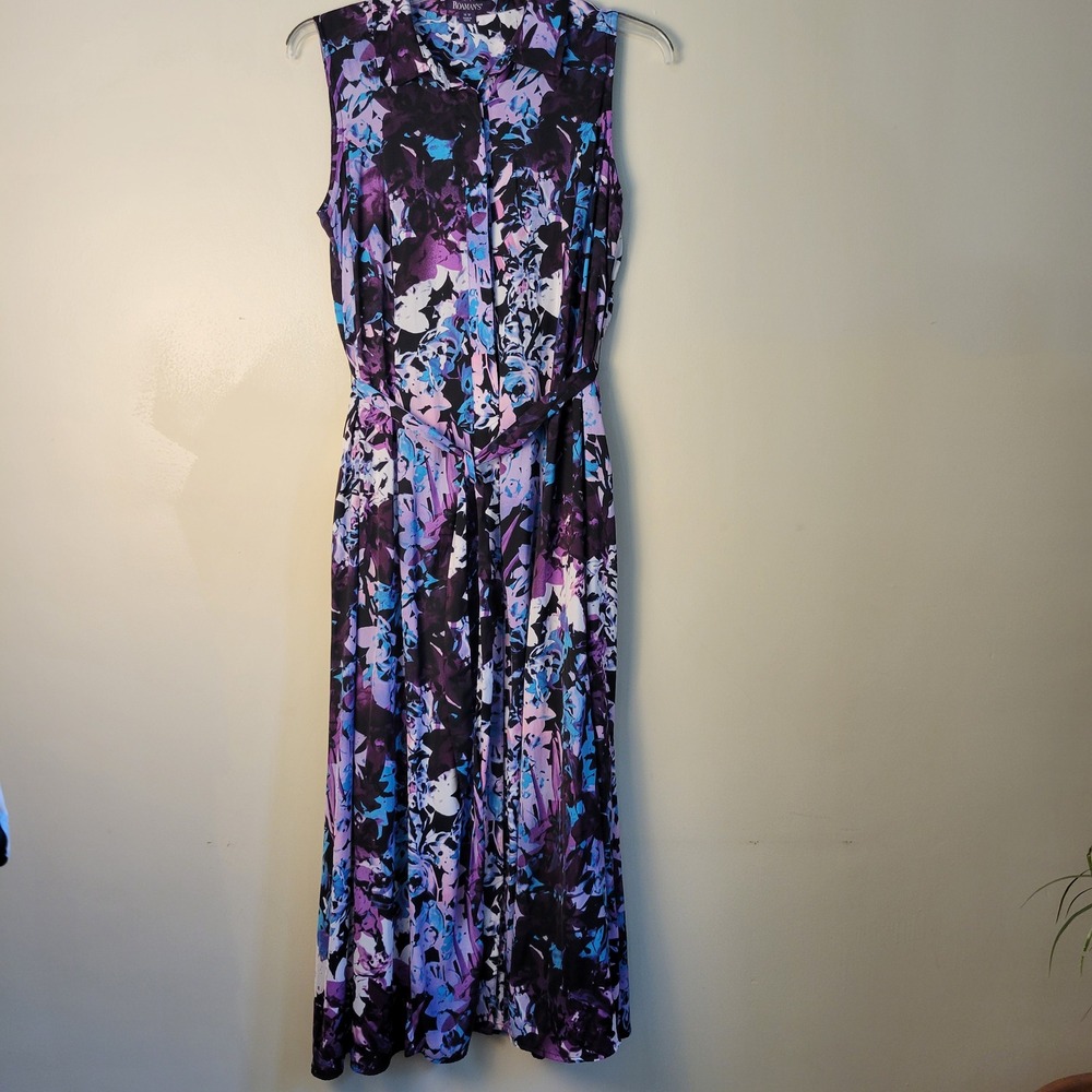 Roaman's 16W Purple Blue Abstract Floral Sleeveless Button Front Maxi Dress Belt